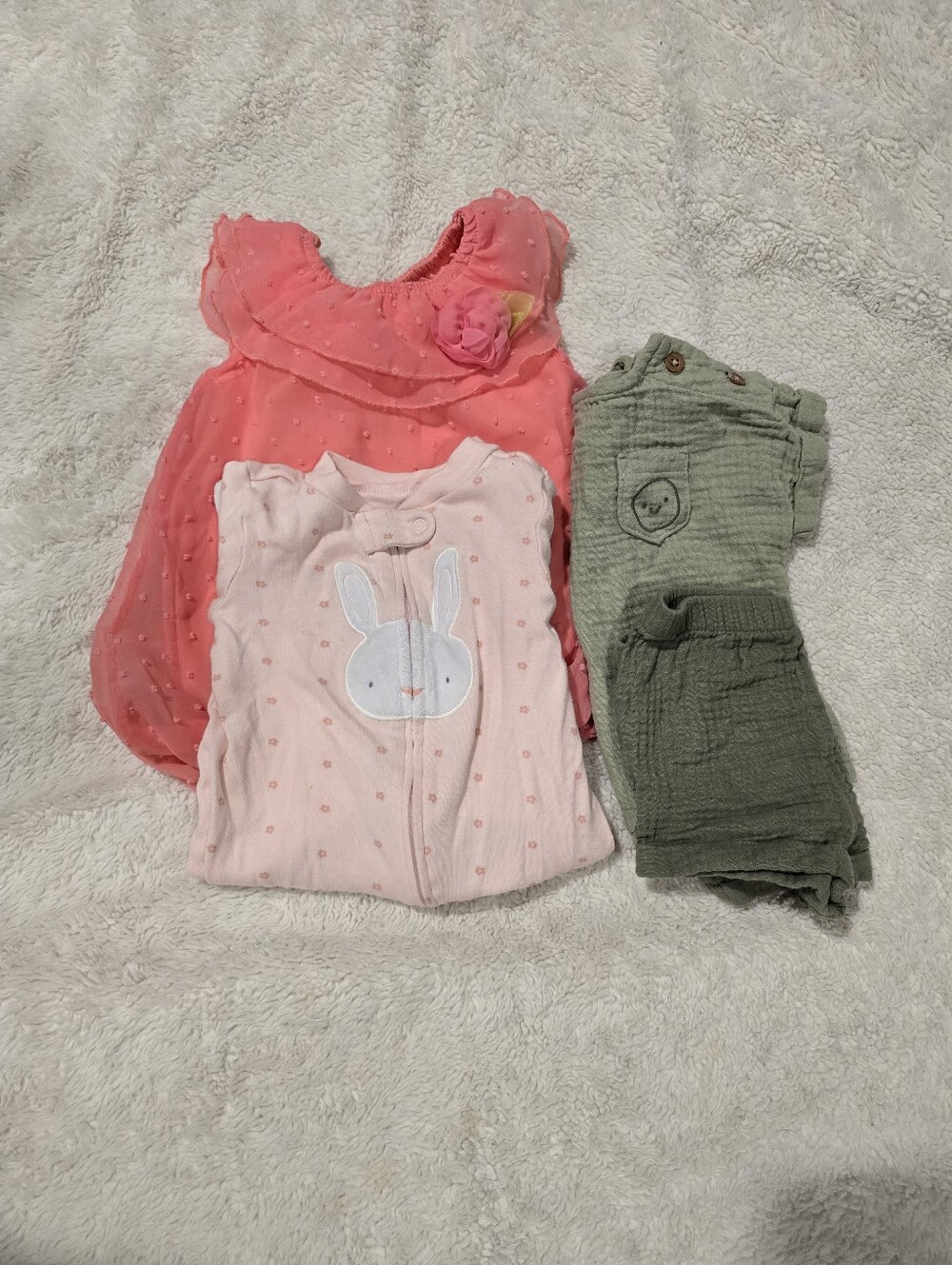 Baby Girls Coral Dress with Pink Bunny Sleep Sack and Olive Green 2 Piece.